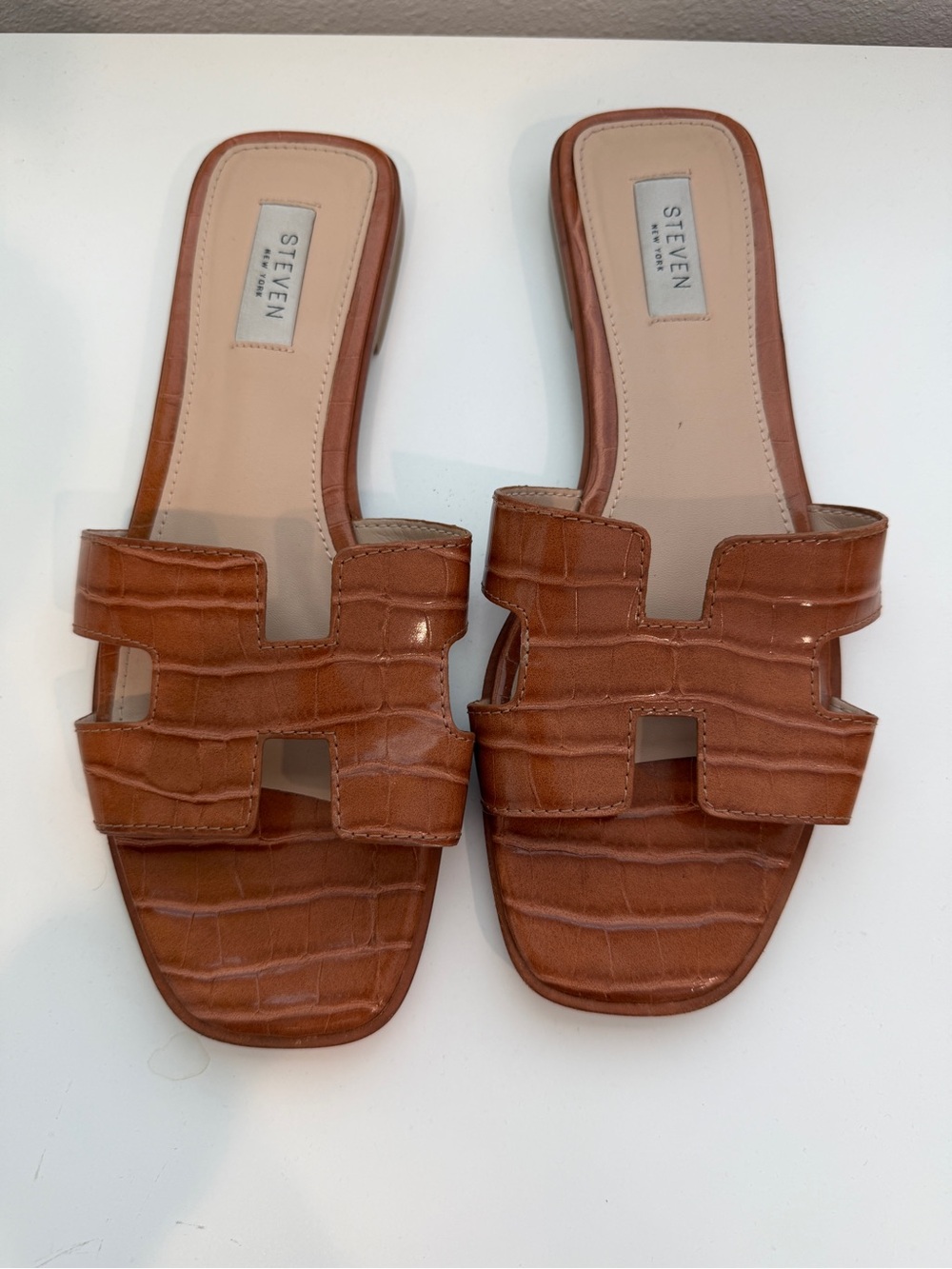Steven By Steve Madden Brown Croc-Embossed Slide Sandals